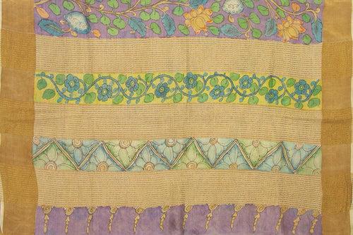 Mauve And YellowKalamkari Tussar Silk Saree Handpainted Floral Patterns Organic Vegetable Dyes PT K VSR 114