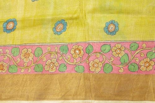 Mauve And YellowKalamkari Tussar Silk Saree Handpainted Floral Patterns Organic Vegetable Dyes PT K VSR 114