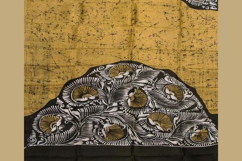 Mustard And Black Borderless Lightweight Batik Silk Saree Handwoven Pure Silk For Party Wear PB 334