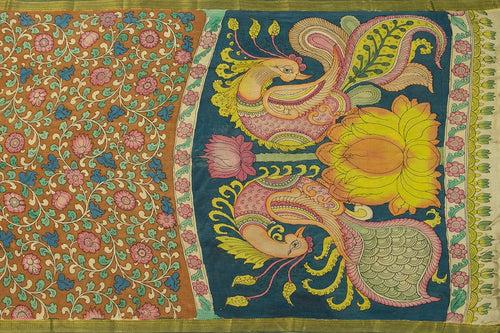 Mustard And Blue Handpainted Kalamkari Mangalgiri Silk Saree Organic Dyes For Office Wear PKMS 65