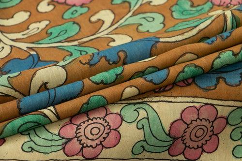 Mustard And Blue Handpainted Kalamkari Mangalgiri Silk Saree Organic Dyes For Office Wear PKMS 65