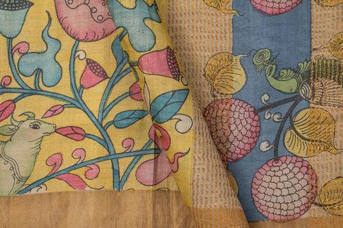 Mustard And Blue Kalamkari Tussar Silk Saree Handpainted Floral Patterns Organic Vegetable Dyes PT K VSR 110