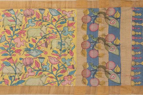 Mustard And Blue Kalamkari Tussar Silk Saree Handpainted Floral Patterns Organic Vegetable Dyes PT K VSR 110