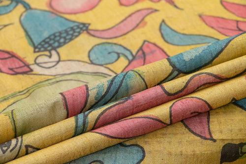 Mustard And Blue Kalamkari Tussar Silk Saree Handpainted Floral Patterns Organic Vegetable Dyes PT K VSR 110