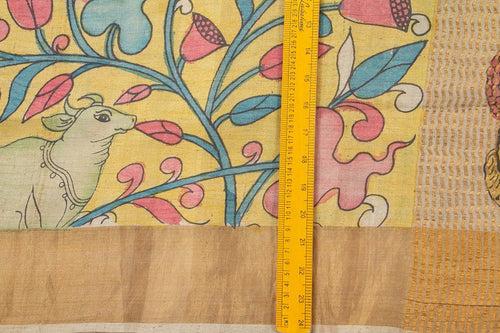 Mustard And Blue Kalamkari Tussar Silk Saree Handpainted Floral Patterns Organic Vegetable Dyes PT K VSR 110