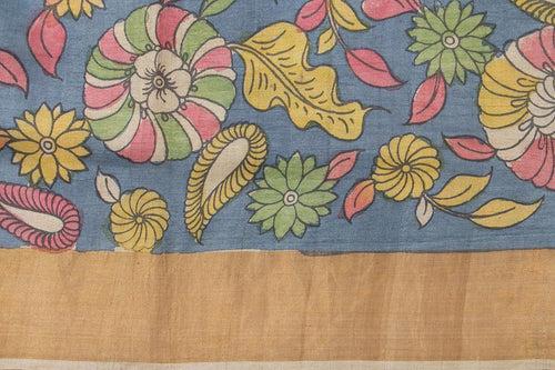 Mustard And Blue Kalamkari Tussar Silk Saree Handpainted Floral Patterns Organic Vegetable Dyes PT K VSR 110