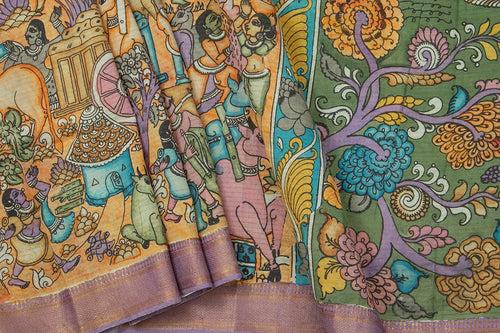 Mustard And Green Handpainted Kalamkari Mangalgiri Silk Saree Organic Dyes For Office Wear PKMS 62