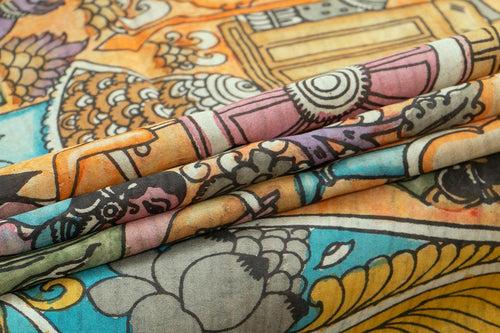 Mustard And Green Handpainted Kalamkari Mangalgiri Silk Saree Organic Dyes For Office Wear PKMS 62