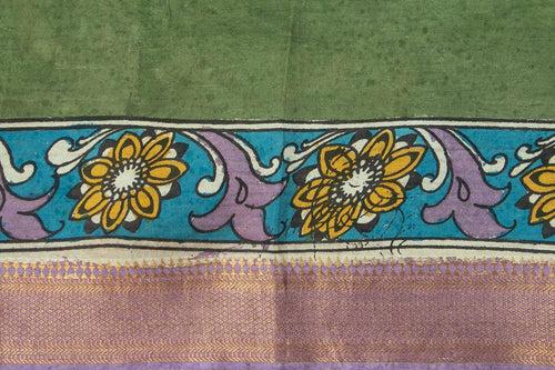 Mustard And Green Handpainted Kalamkari Mangalgiri Silk Saree Organic Dyes For Office Wear PKMS 62