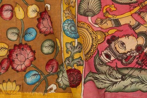 Mustard And Pink Handpainted Kalamkari Mangalgiri Silk Saree Organic Dyes For Office Wear PKMS 63