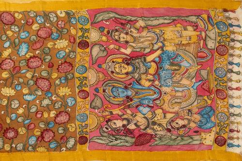 Mustard And Pink Handpainted Kalamkari Mangalgiri Silk Saree Organic Dyes For Office Wear PKMS 63