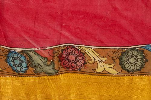 Mustard And Pink Handpainted Kalamkari Mangalgiri Silk Saree Organic Dyes For Office Wear PKMS 63