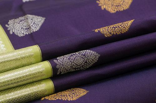 Navy Blue And Green Kanchipuram Silk Saree With Medium Border Handwoven Pure Silk For Wedding Wear PV NYC 997