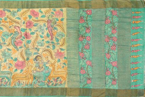 Off White And Blue Kalamkari Tussar Silk Saree Handpainted Floral And Dancing Girl Patterns Organic Vegetable Dyes PT K VSR 101