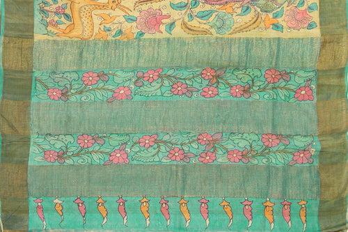 Off White And Blue Kalamkari Tussar Silk Saree Handpainted Floral And Dancing Girl Patterns Organic Vegetable Dyes PT K VSR 101