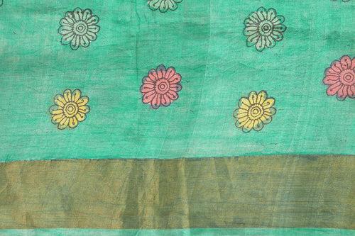 Off White And Blue Kalamkari Tussar Silk Saree Handpainted Floral And Dancing Girl Patterns Organic Vegetable Dyes PT K VSR 101