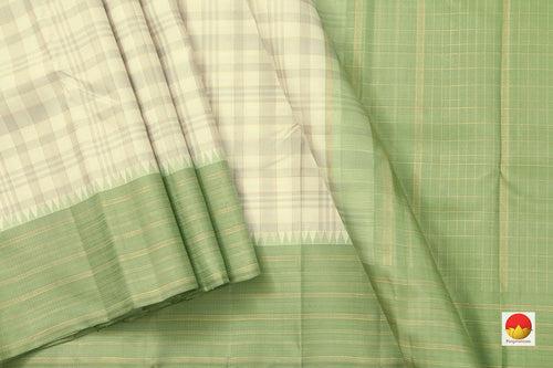 Off White And Elachi Green Kanchipuram Silk Saree With Medium Border Handwoven Pure Silk For Festive Wear PV NYC 1006