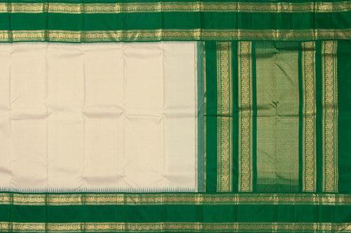 Off White And Green Kanchipuram Silk Saree With Medium Border Handwoven Pure Silk For Wedding Wear PV NYC 1030