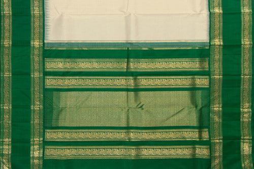 Off White And Green Kanchipuram Silk Saree With Medium Border Handwoven Pure Silk For Wedding Wear PV NYC 1030