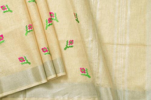 Off White Linen Saree With Embroidery And Silver Zari Border PL 2038