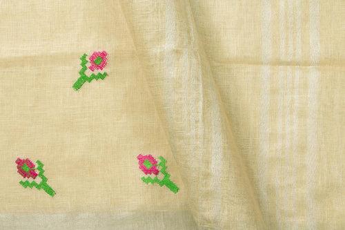 Off White Linen Saree With Embroidery And Silver Zari Border PL 2038