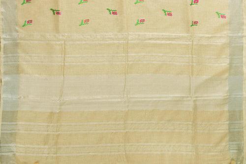 Off White Linen Saree With Embroidery And Silver Zari Border PL 2038