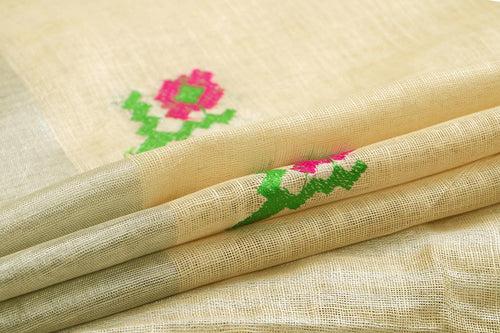 Off White Linen Saree With Embroidery And Silver Zari Border PL 2038