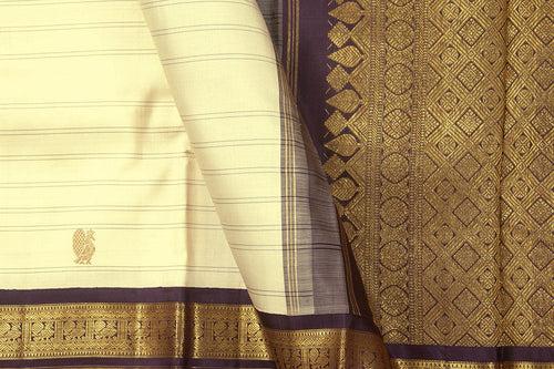 Off White With Brown Kanchipuram Silk Saree With Medium Border Handwoven Pure Silk For Wedding Wear PV NYC 1072