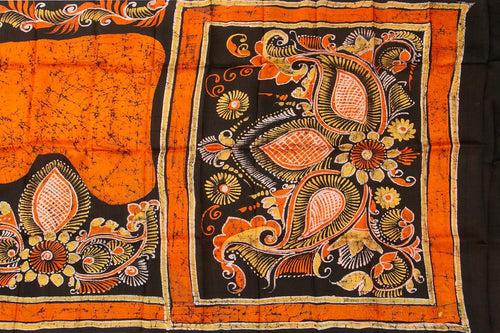 Orange And Black Lightweight Batik Silk Saree Handwoven Pure Silk For Office Wear PB 331