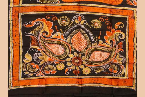 Orange And Black Lightweight Batik Silk Saree Handwoven Pure Silk For Office Wear PB 331