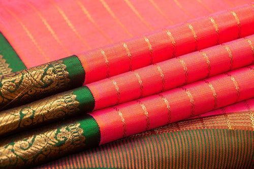 Orange And Green Kanchipuram Silk Saree With Medium Border Handwoven Pure Silk For Wedding Wear PV NYC 990