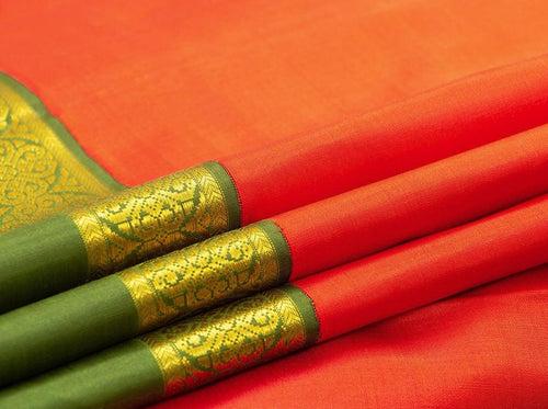 Orange And Green Kanchipuram Silk Saree With Medium Rettai Pettu Border Handwoven Pure Silk For Wedding Wear PV NYC 1021