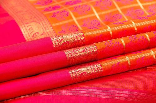 Orange And Pink Kanchipuram Silk Saree With Medium Border Handwoven Pure Silk For Wedding Wear PV NYC 1055