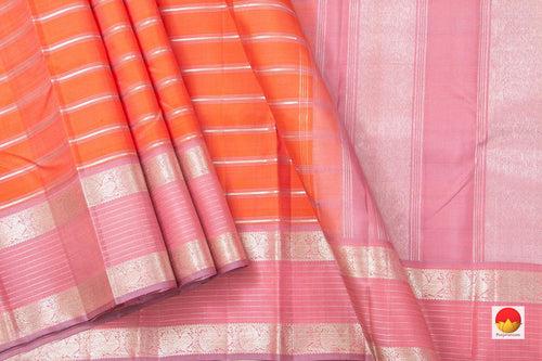 Orange And Pink  Kanchipuram Silk Saree With Silver Zari Stripes And Medium Border Handwoven Pure Silk For Party Wear PV NYC 1005