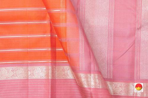 Orange And Pink  Kanchipuram Silk Saree With Silver Zari Stripes And Medium Border Handwoven Pure Silk For Party Wear PV NYC 1005