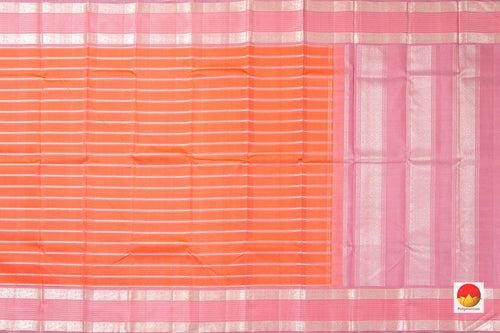 Orange And Pink  Kanchipuram Silk Saree With Silver Zari Stripes And Medium Border Handwoven Pure Silk For Party Wear PV NYC 1005