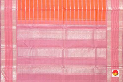 Orange And Pink  Kanchipuram Silk Saree With Silver Zari Stripes And Medium Border Handwoven Pure Silk For Party Wear PV NYC 1005