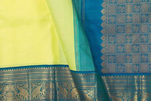 Pastel Yellow And Blue Kanchipuram Silk Saree With Medium Border Handwoven Pure Silk For Festive Wear PV J 168