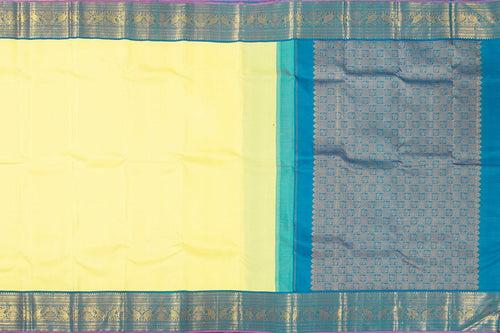 Pastel Yellow And Blue Kanchipuram Silk Saree With Medium Border Handwoven Pure Silk For Festive Wear PV J 168