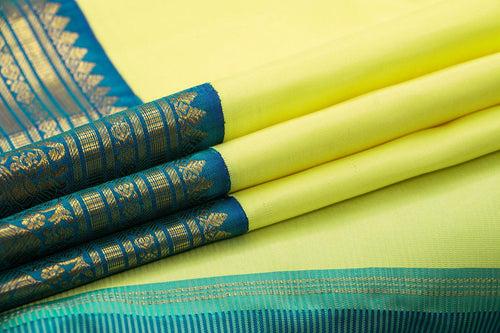 Pastel Yellow And Blue Kanchipuram Silk Saree With Medium Border Handwoven Pure Silk For Festive Wear PV J 168