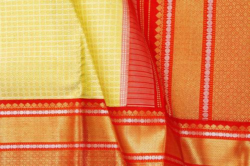 Pastel Yellow And Red Kanchipuram Silk Saree With Morning Evening Border Handwoven Pure Silk For Wedding Wear PV NYC 1061