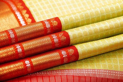 Pastel Yellow And Red Kanchipuram Silk Saree With Morning Evening Border Handwoven Pure Silk For Wedding Wear PV NYC 1061