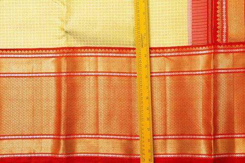 Pastel Yellow And Red Kanchipuram Silk Saree With Morning Evening Border Handwoven Pure Silk For Wedding Wear PV NYC 1061