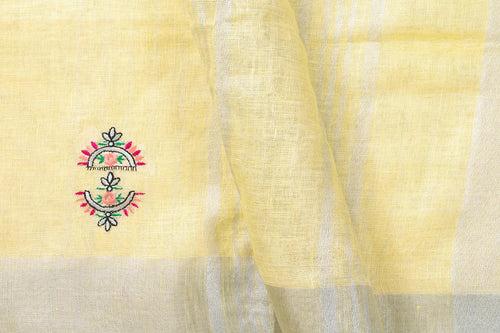 Pastel Yellow Linen Saree With Floral Embroidery And Silver Zari Border PL 2041