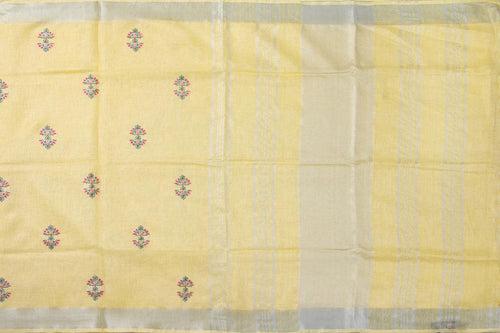 Pastel Yellow Linen Saree With Floral Embroidery And Silver Zari Border PL 2041