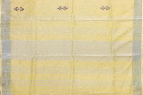 Pastel Yellow Linen Saree With Floral Embroidery And Silver Zari Border PL 2041