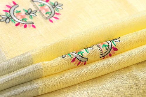 Pastel Yellow Linen Saree With Floral Embroidery And Silver Zari Border PL 2041