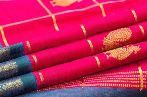 Pink And Blue Kanchipuram Silk Saree With Zari Checks Medium Border Handwoven Pure Silk For Wedding Wear PV NYC 1023