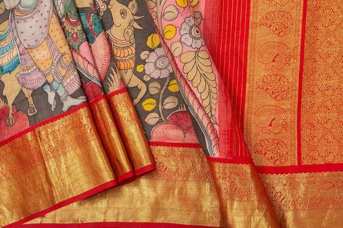 Pink And Red Handpainted Kalamkari Kanchipuram Silk Saree Krishna Leela Theme Pure Zari PV VSR KK 103