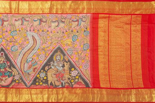 Pink And Red Handpainted Kalamkari Kanchipuram Silk Saree Krishna Leela Theme Pure Zari PV VSR KK 103